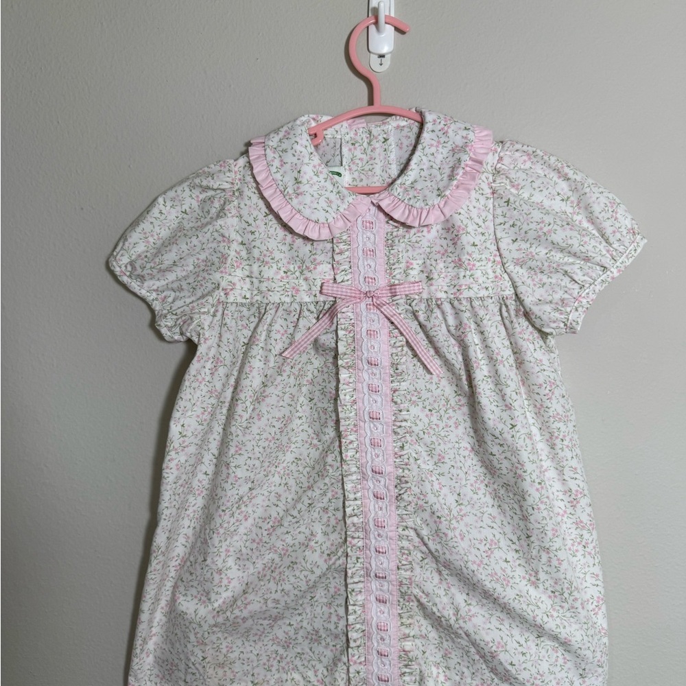 Pink Floral Girls' Dress with Ruffled Collar and Front Bow- 4T